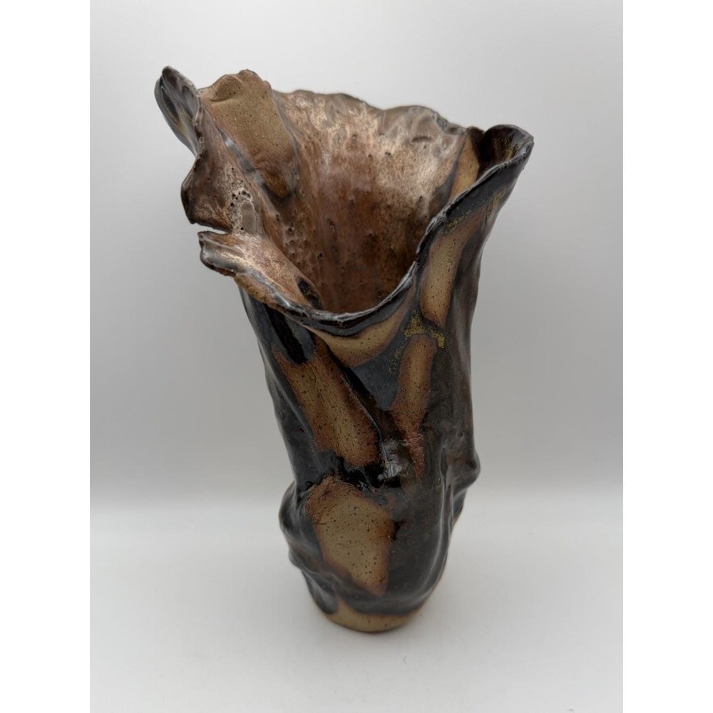 Signed Studio Pottery Vase IS Mark 8.5" Brutalist Organic Drip Glaze Art